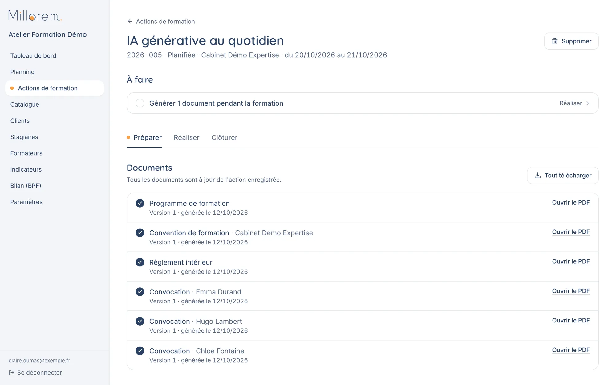 La fiche d’une action de formation et ses six documents générés automatiquement (programme, convention, règlement intérieur, convocations), avec des données fictives.