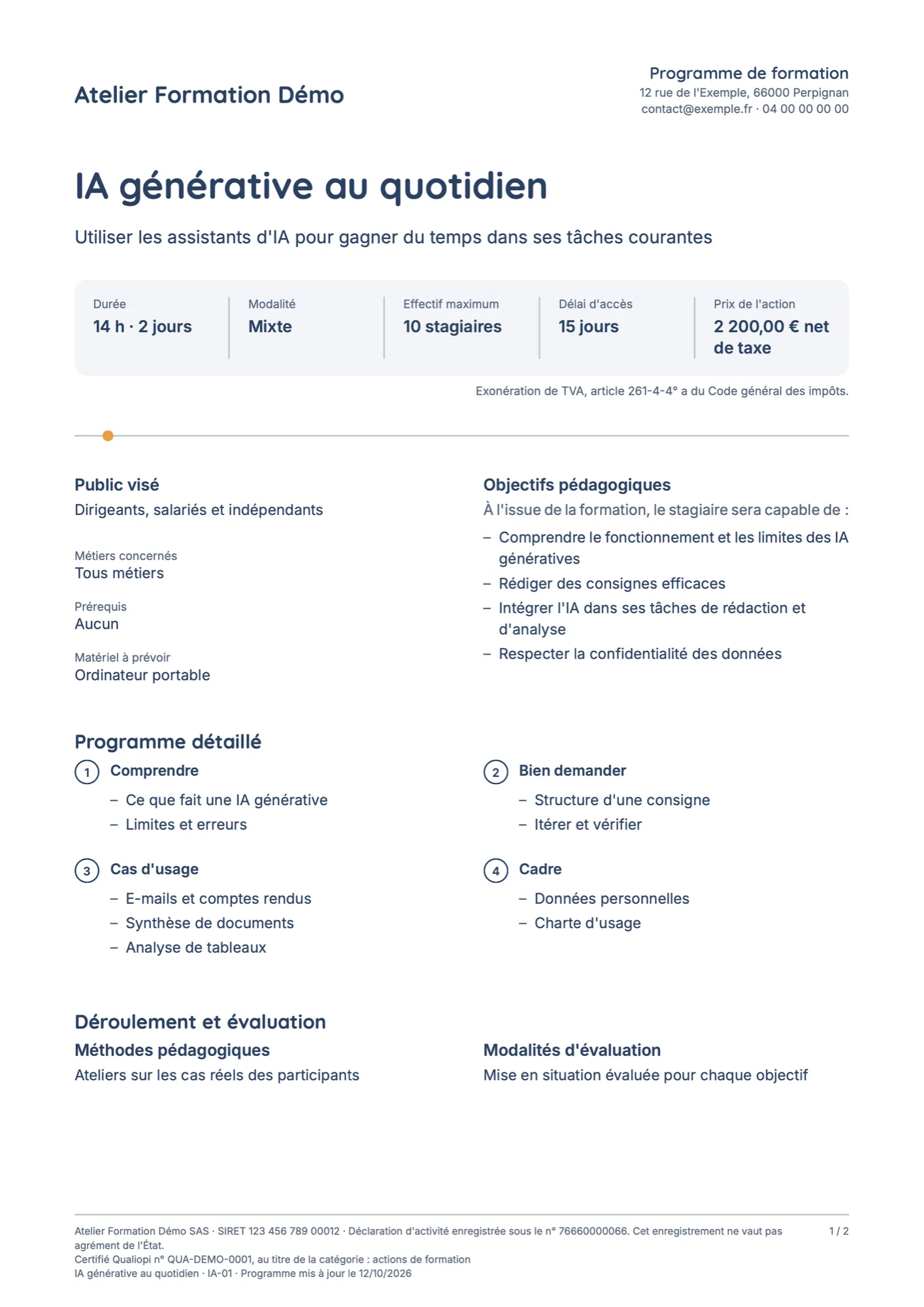 Un programme de formation généré par le logiciel, avec des données fictives : durée, modalité, effectif, prix, objectifs pédagogiques et programme détaillé.