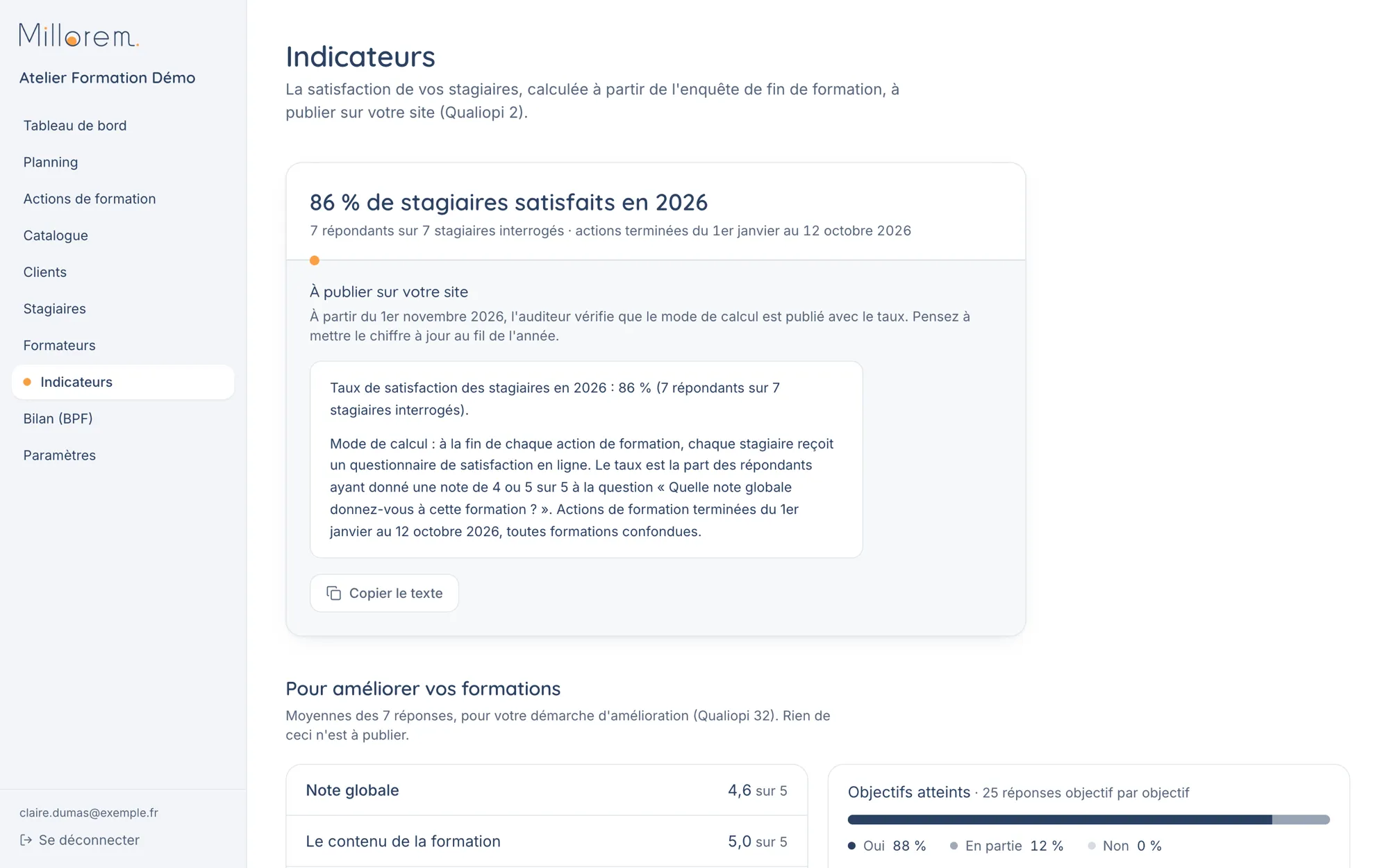 Notre logiciel de suivi des formations, avec des données fictives : l’écran des indicateurs, avec 86 % de stagiaires satisfaits en 2026, le mode de calcul prêt à publier sur le site, et les moyennes des évaluations.
